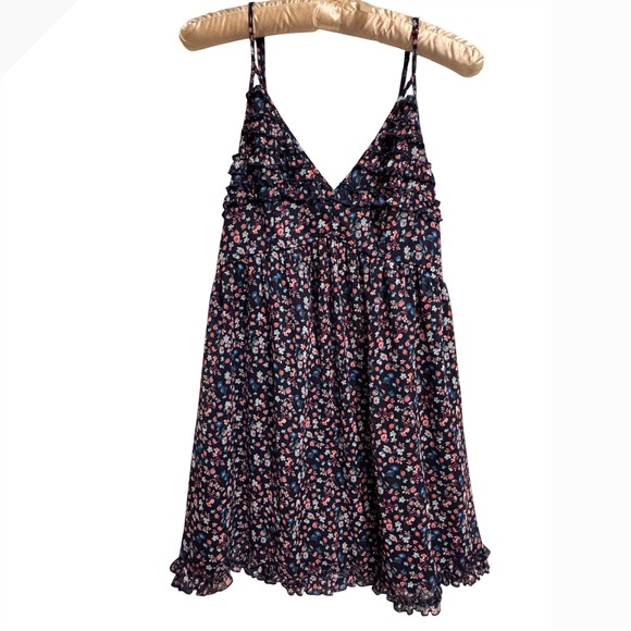 Trixxi Dresses & Skirts - Trixxi Floral Mini Dress Navy Blue Ruffle V-Neck Spaghetti Strap Womens Size M